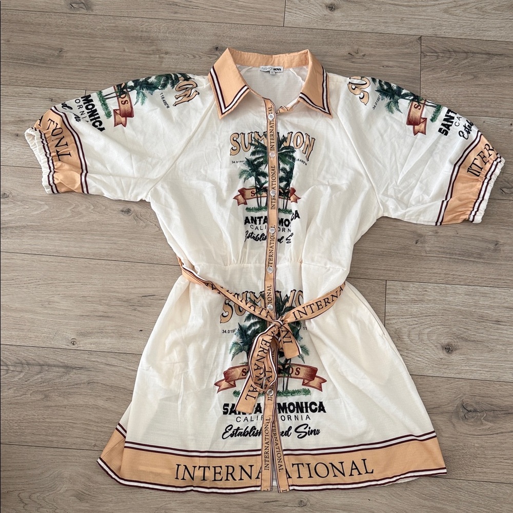 BEAND NEW Fashion Nova White and Tan Shirt Dress with Palm Tree Print